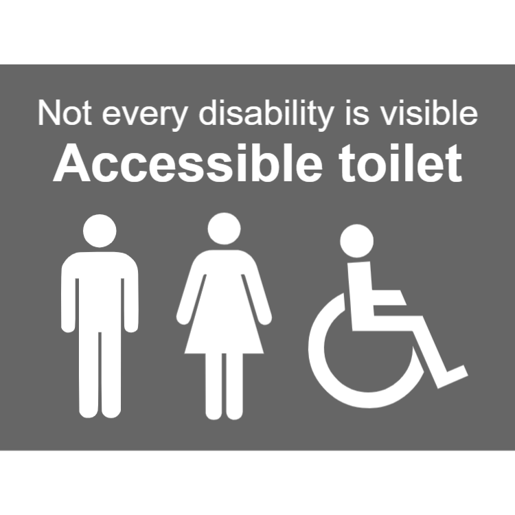 Grey accessible toilets sign - men, women, disabled