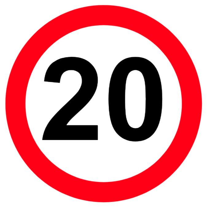 Maximum speed limit of 20 miles per hour sign
