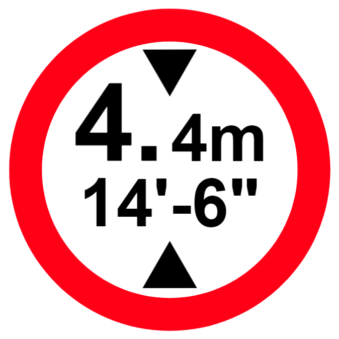 Vehicles exceeding height indicated are prohibited. Height is displayed in both metric and imperial units sign