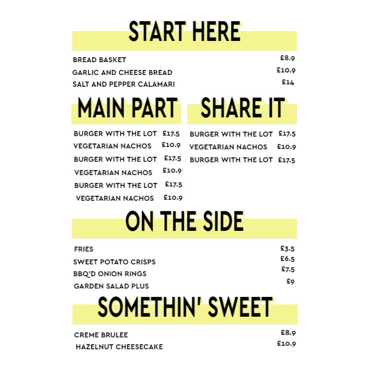 Menu with yellow details