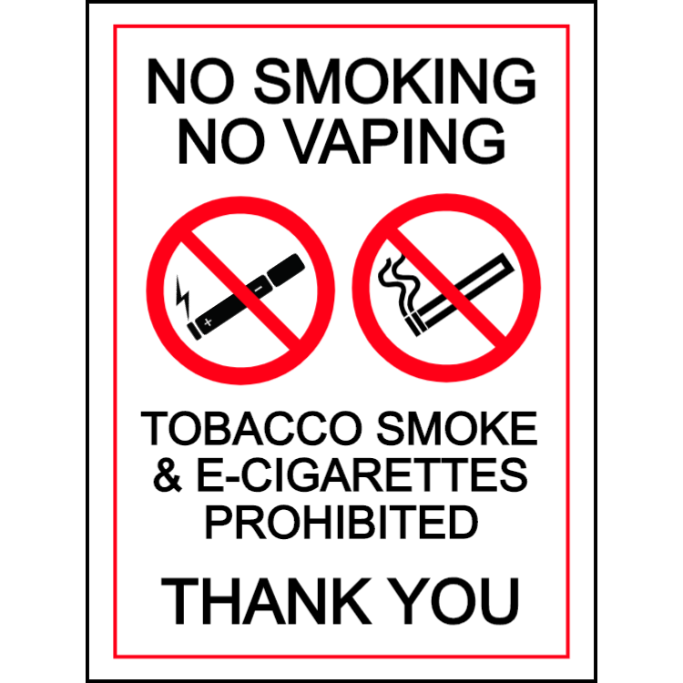 No smoking, no vaping - tobacco smoke & e-cigarettes prohibited - portrait sign