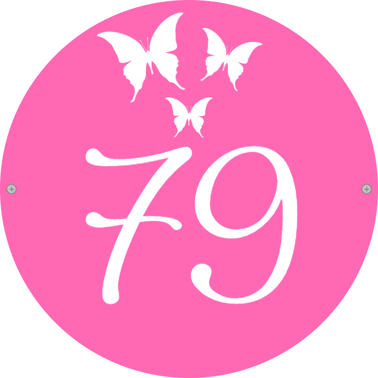 Pink house number sign with butterflies