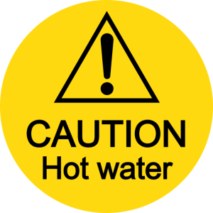 Rounded caution hot water sticker