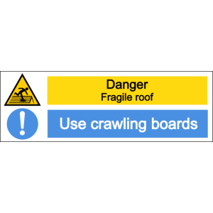 Danger fragile roof, use crawling boards sign